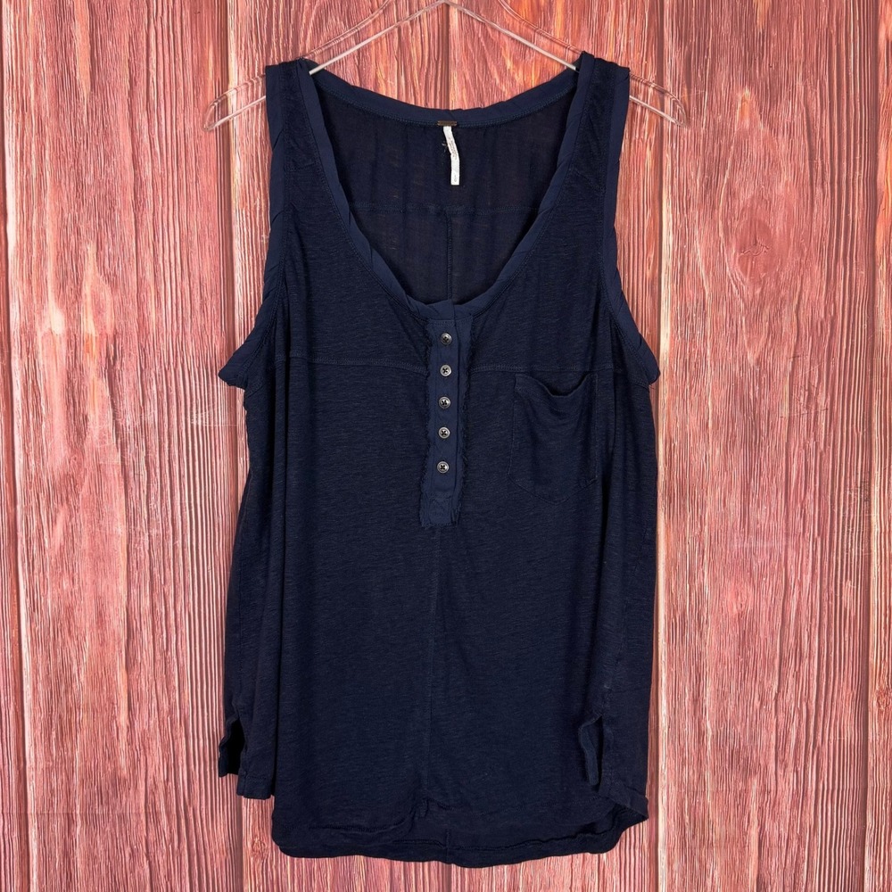 Free People Navy Blue 100% Linen Henley Tank Top Sleeveless Pocket Large